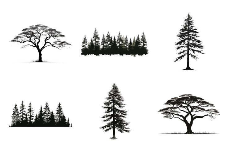 PSD bomen silhouet waterverf collectie bundle set geïsoleerd op een doorzichtige achtergrond