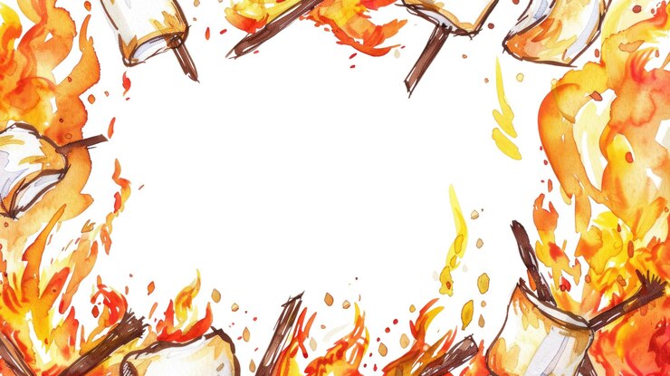 PSD bonfire with flames and logs on a white background watercolor border aig56