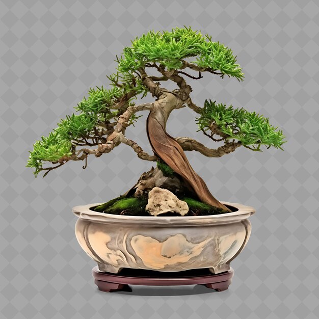 A bonsai tree is in a pot with a stone on it