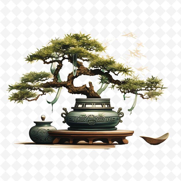 A bonsai tree with a bowl and a spoon in it