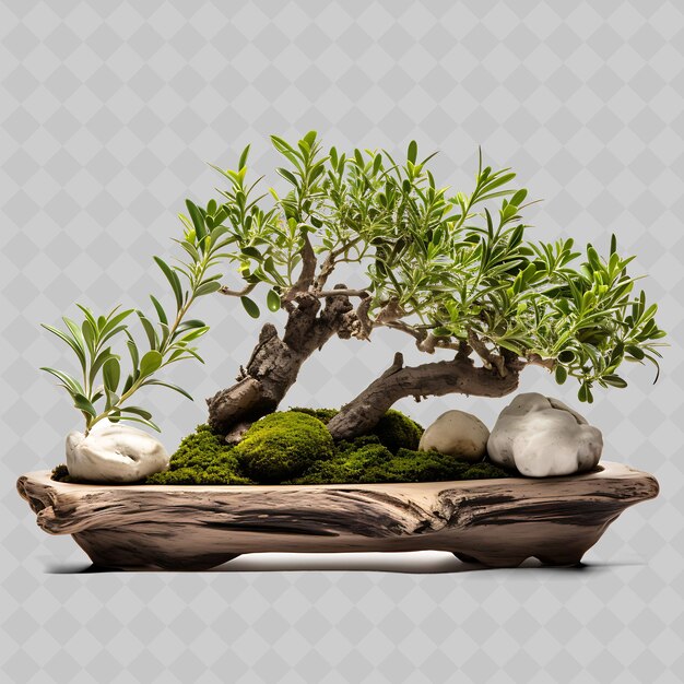 A bonsai tree with moss on it and a pot of moss