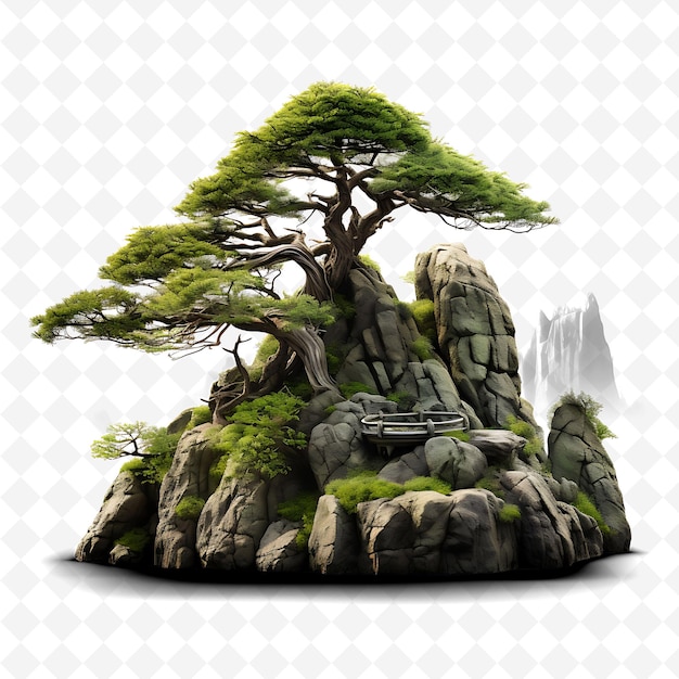 PSD a bonsai tree with a mountain in the background