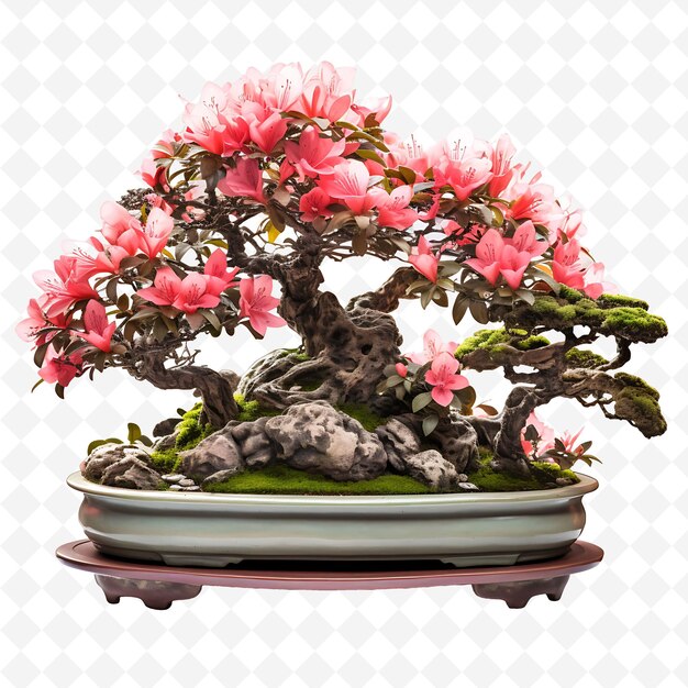 A bonsai tree with pink flowers in a pot