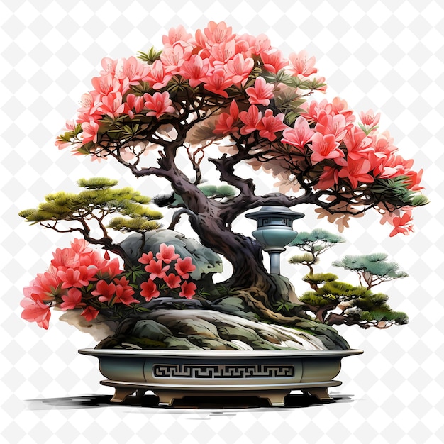 A bonsai tree with a pot of flowers on it