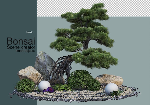 Bonsai e arbusti nel giardino di ghiaia