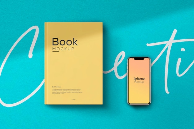 Copertina del libro e mockup del dispositivo telefonico sullo sfondo della parete