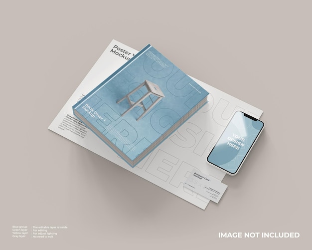 Copertina del libro con poster, biglietto da visita e mockup di smartphone