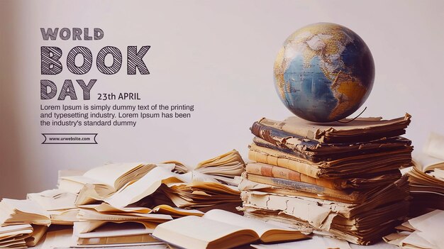 PSD book day banner with pile of books and a globe