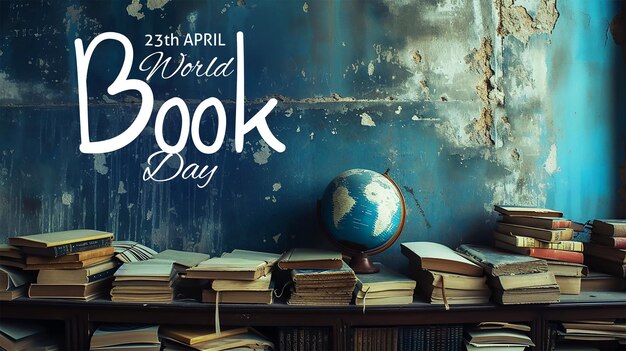 PSD book day banner with pile of books and a globe