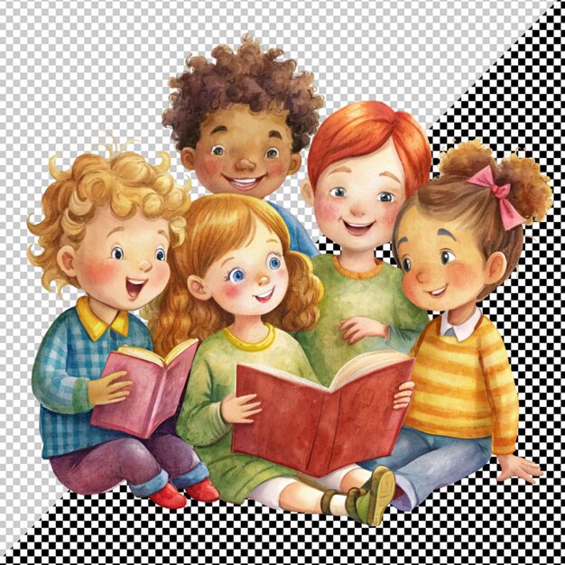 PSD giorno del libro con un gruppo di bambini su uno sfondo trasparente