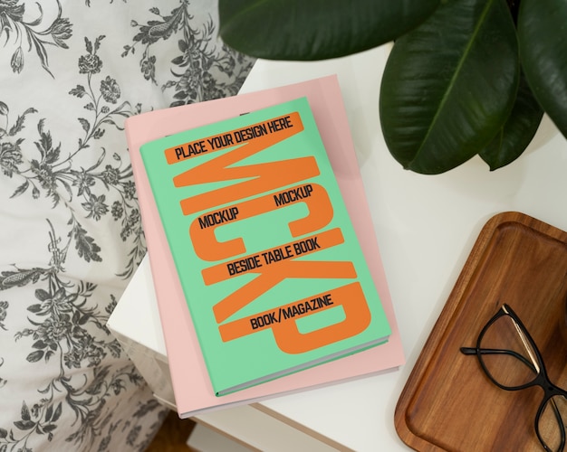 Book mockup on bedside table