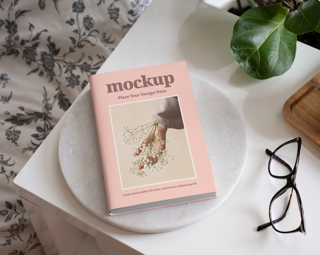 book mockup on bedside table