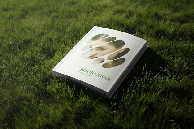 PSD book mockup on grass