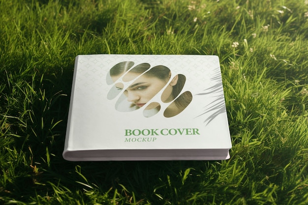 PSD book mockup on grass