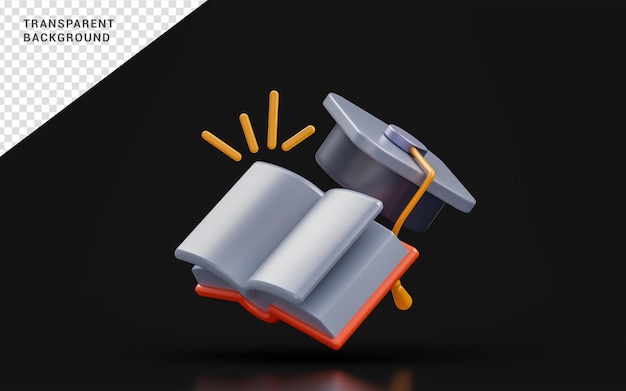 Book sign with graduation cap on dark background 3d render concept for higher study degree