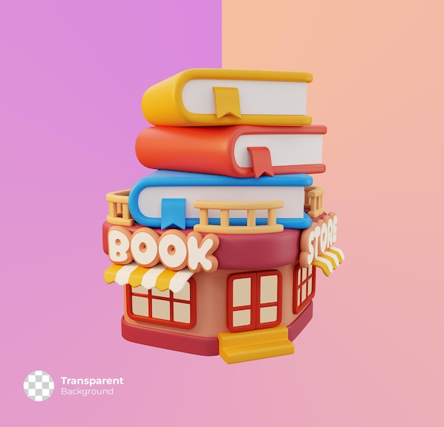 Book store little shop icon isolated. Minimal cute store building concept. 3D render illustration