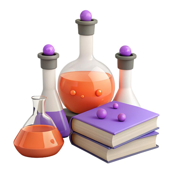PSD a book with a bottle of liquid and a book with purple balls on it