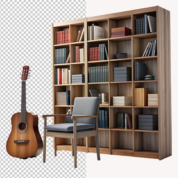 PSD a bookcase with a guitar on it and a bookcase with a chair