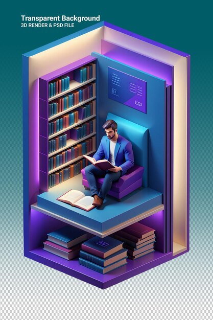 PSD a bookcase with a man reading a book on it