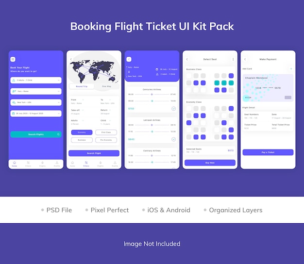 PSD booking flight ticket app ui kit pack