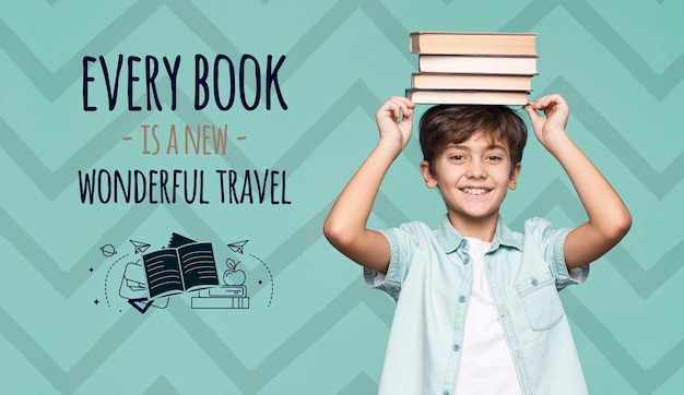 Books are travels young cute boy mock-up