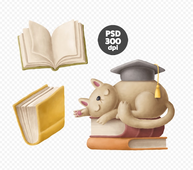 PSD books clipart, cat with books illustration isolated