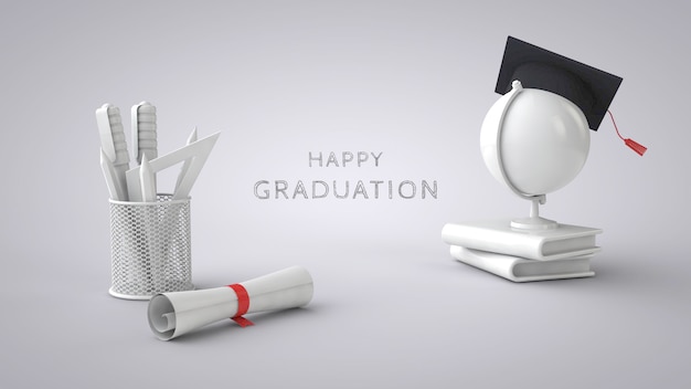 Books graduation cap globe stationery diploma Graduation greeting card PSD template 3d render