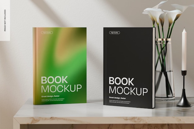 books on marble table mockup front view