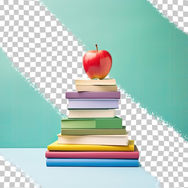 PSD Книги разных цветов, сложенные красными яблоками, символизируют здоровый образ жизни и пирамиду знаний