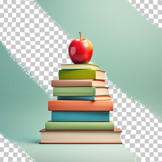 PSD books of various colors stacked with a red apple symbolize a healthy lifestyle and the knowledge pyramid