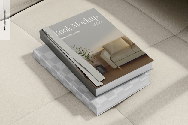 Libri con segnalibro su tela sofa mockup impilato