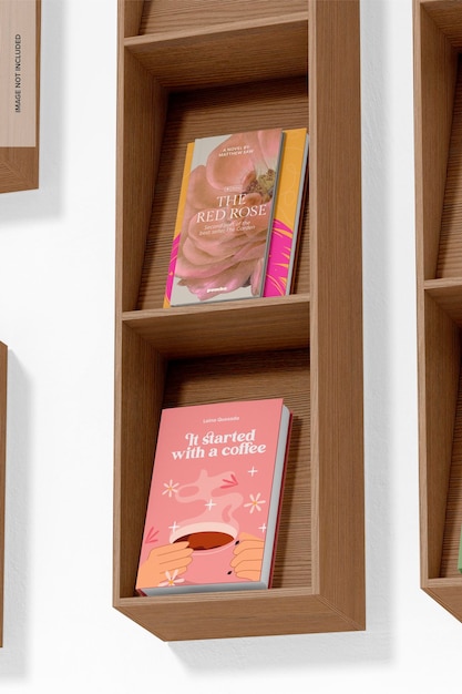 Books with bookshelf set mockup, close up