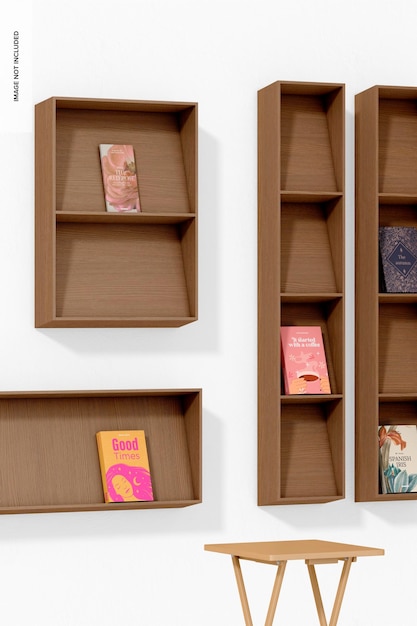 PSD books with bookshelf set mockup, with table