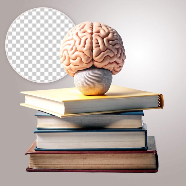 Books with brain filled with the light on transparent background