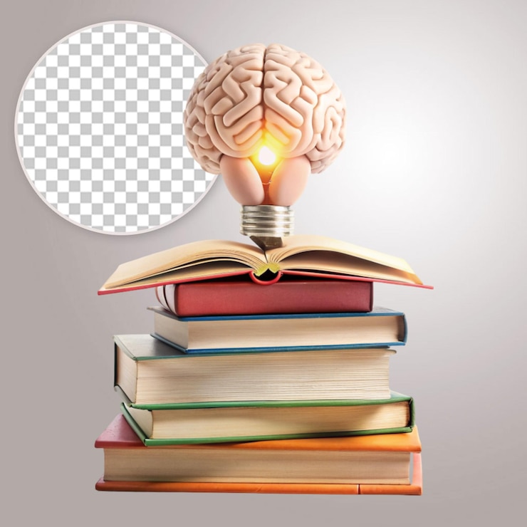 PSD books with brain filled with the light on transparent background