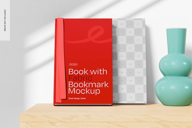 books with fabric bookmark mockup front view