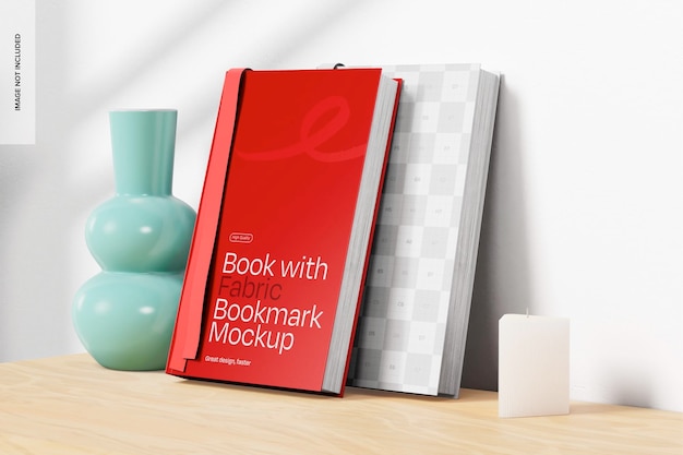books with fabric bookmark mockup perspective