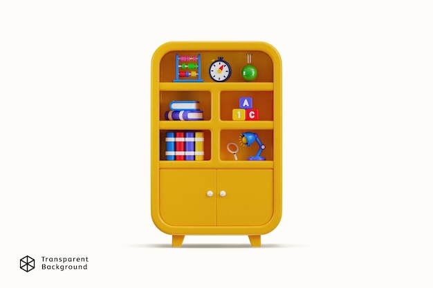 bookshelf icon with book clock chemical flask and table lamp icon 3d render