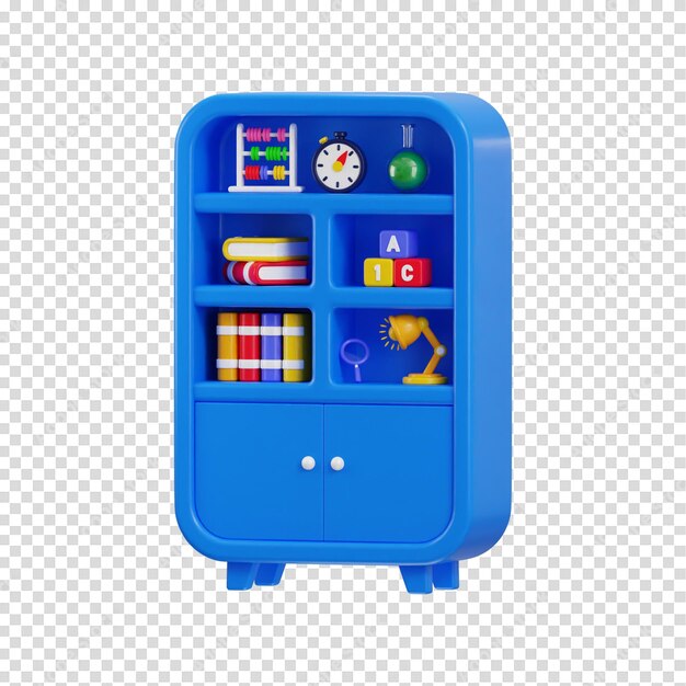 bookshelf icon with book clock chemical flask and table lamp icon 3d render