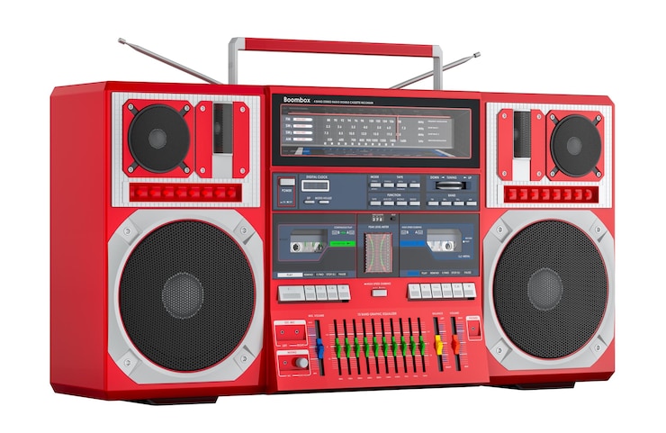 PSD boombox retro red color 3d rendering isolated on transparent background