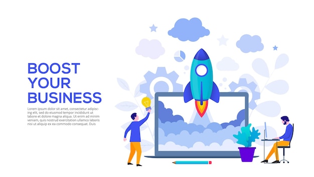 Potenzia il tuo concetto di business con laptop e personaggi rocket illustrazione piatta