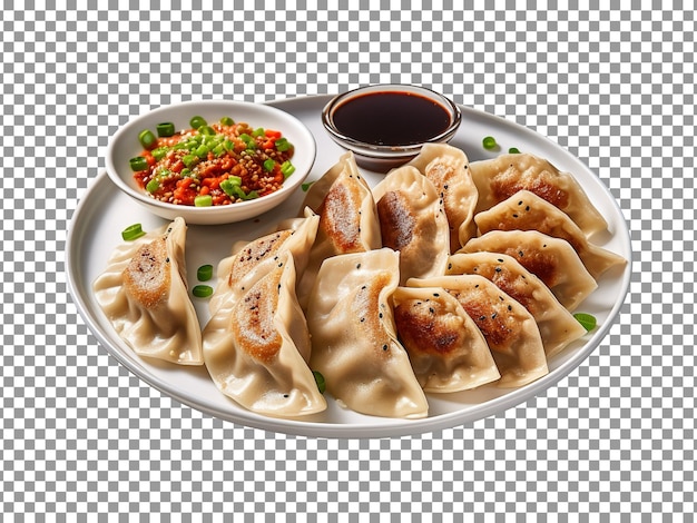 PSD bord dumplings met een kom saus op transparante achtergrond