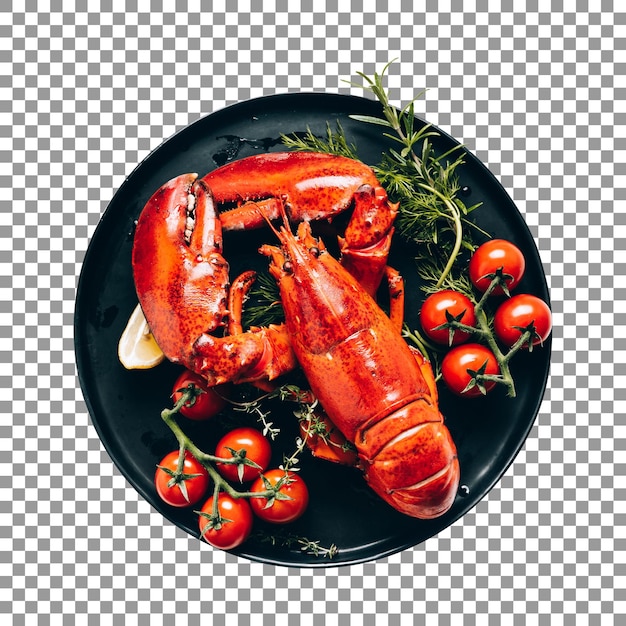 Bord kreeften met tomaten en kruiden op transparante achtergrond