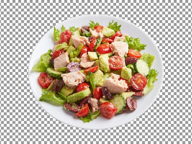 Bord salade met tonijn, tomaten, komkommer en avocado op transparante achtergrond