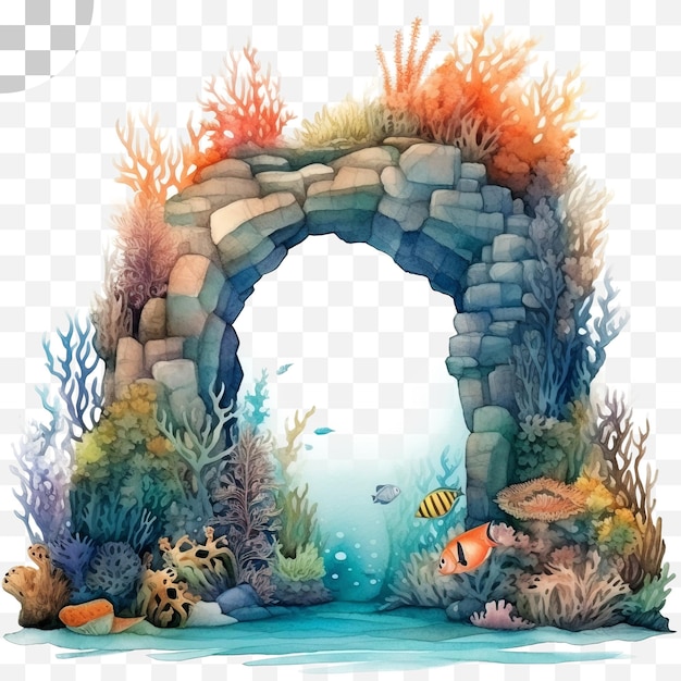 Border template with coral reef underwater style watercolor png background