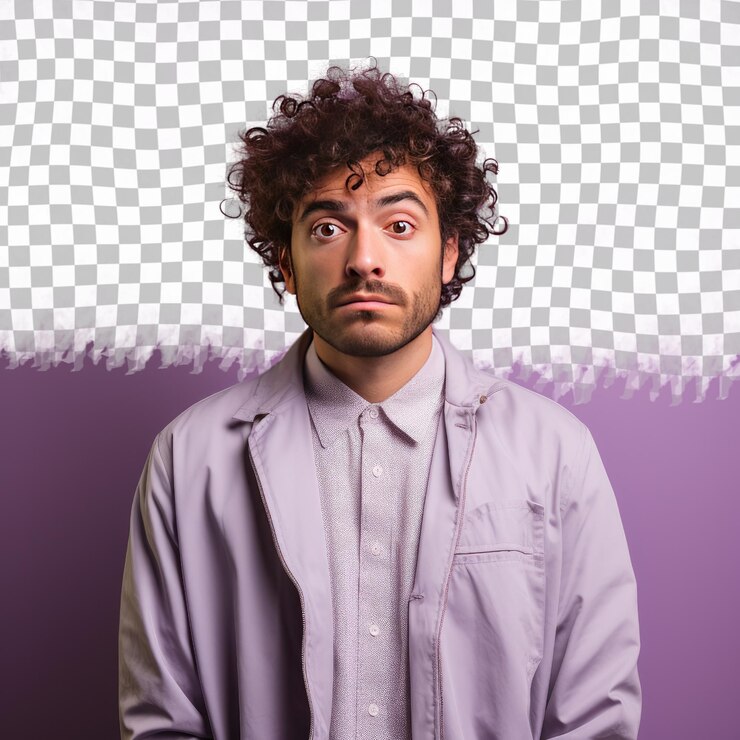 PSD bored adult man west asian curly hair pt in gentle hand on cheek pose lilac background