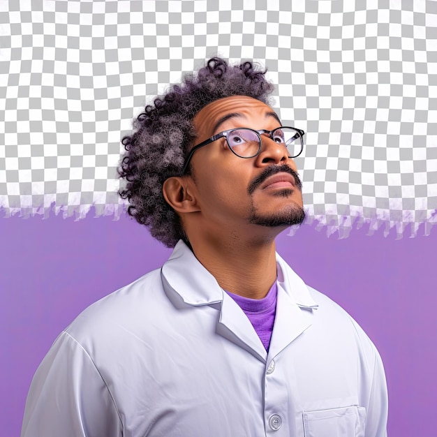 PSD a bored adult man with kinky hair from the native american ethnicity dressed in medical scientist attire poses in a dramatic look upwards style against a pastel lavender background