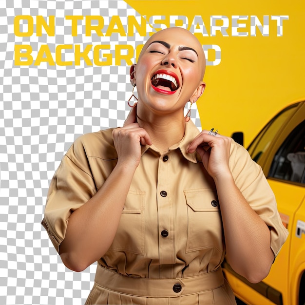 PSD a bored adult woman with bald hair from the mongolic ethnicity dressed in car mechanic attire poses in a laughing with hand covering mouth style against a pastel yellow background