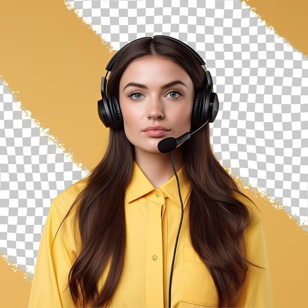 PSD a bored adult woman with long hair from the scandinavian ethnicity dressed in call center representative attire poses in a casual hair tug style against a pastel yellow background