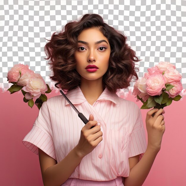 PSD a bored adult woman with wavy hair from the southeast asian ethnicity dressed in producer attire poses in a hand brushing through hair style against a pastel rose background